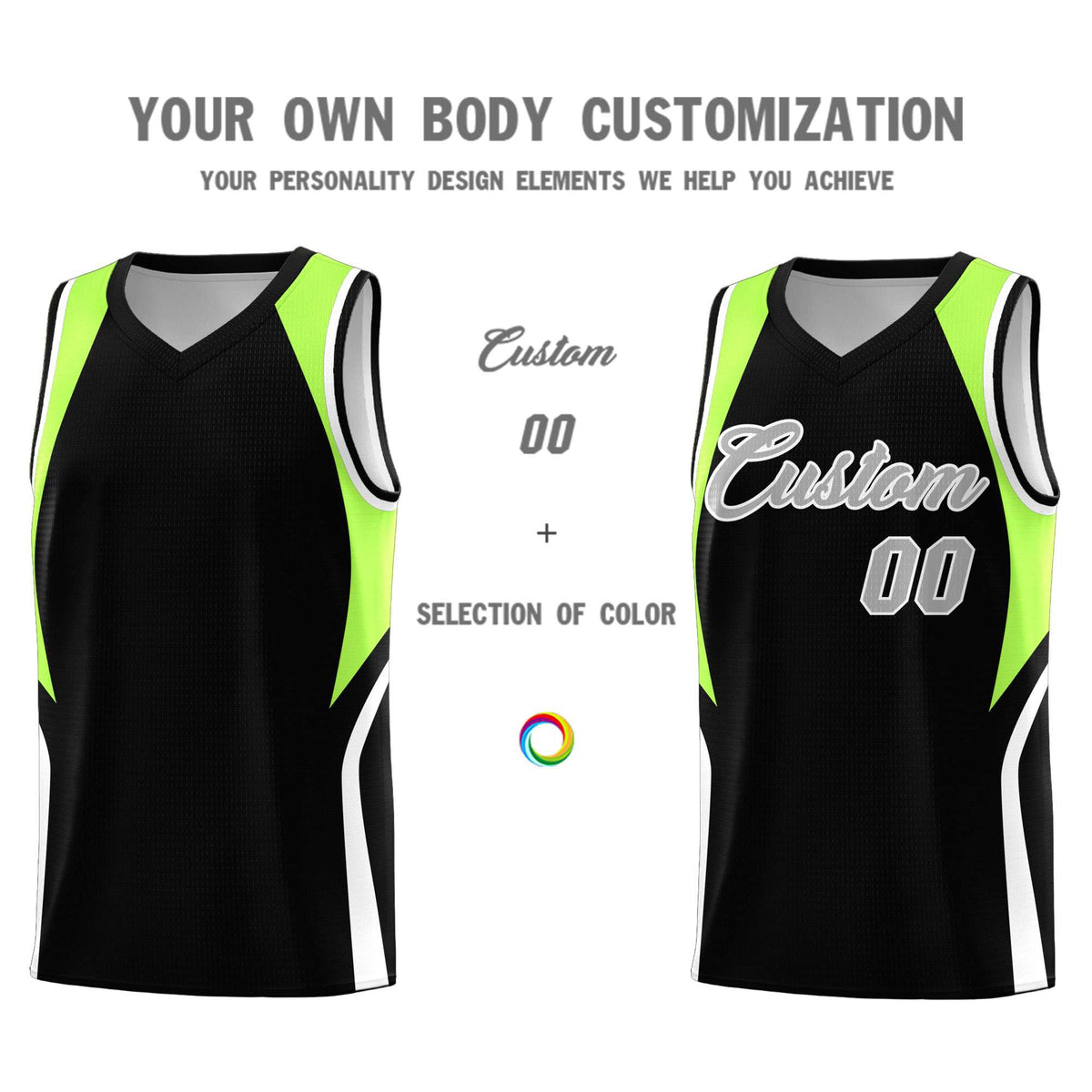 Custom Black Fluorescent Green and White Color Block Sports Uniform Basketball Jersey