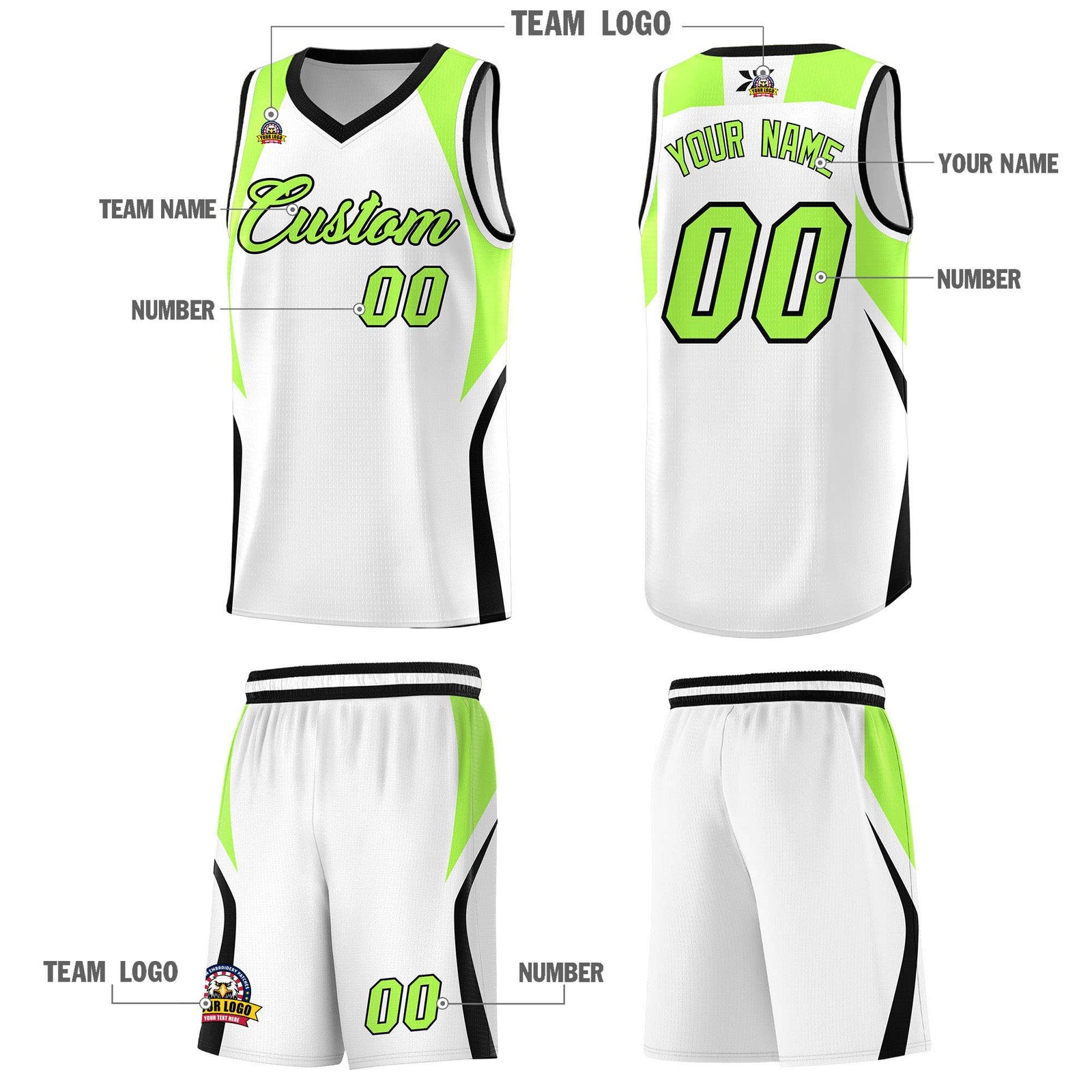Custom White Fluorescent Green and Black Color Block Sports Uniform Basketball Jersey