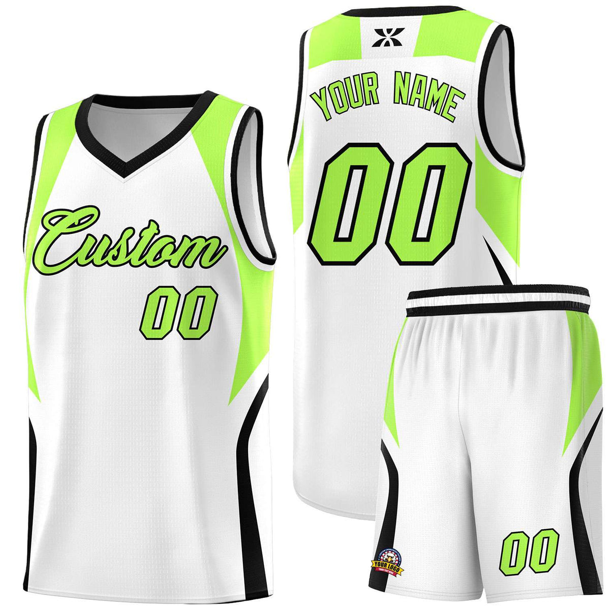 Custom White Fluorescent Green and Black Color Block Sports Uniform Basketball Jersey