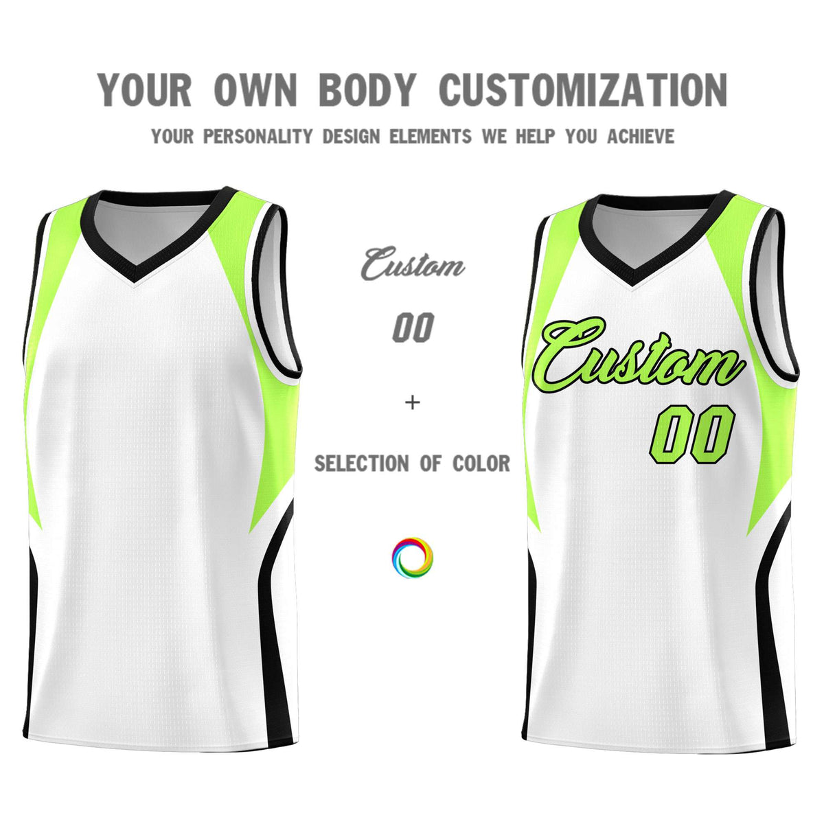 Custom White Fluorescent Green and Black Color Block Sports Uniform Basketball Jersey