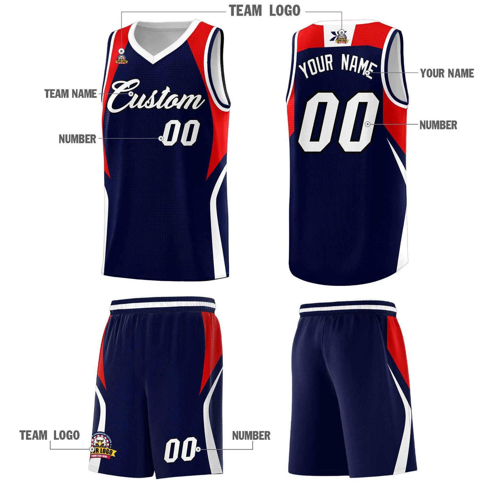 Custom Navy Red and White Color Block Sports Uniform Basketball Jersey