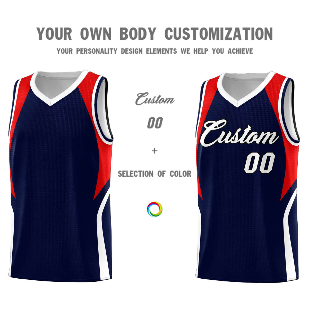 Custom Navy Red and White Color Block Sports Uniform Basketball Jersey