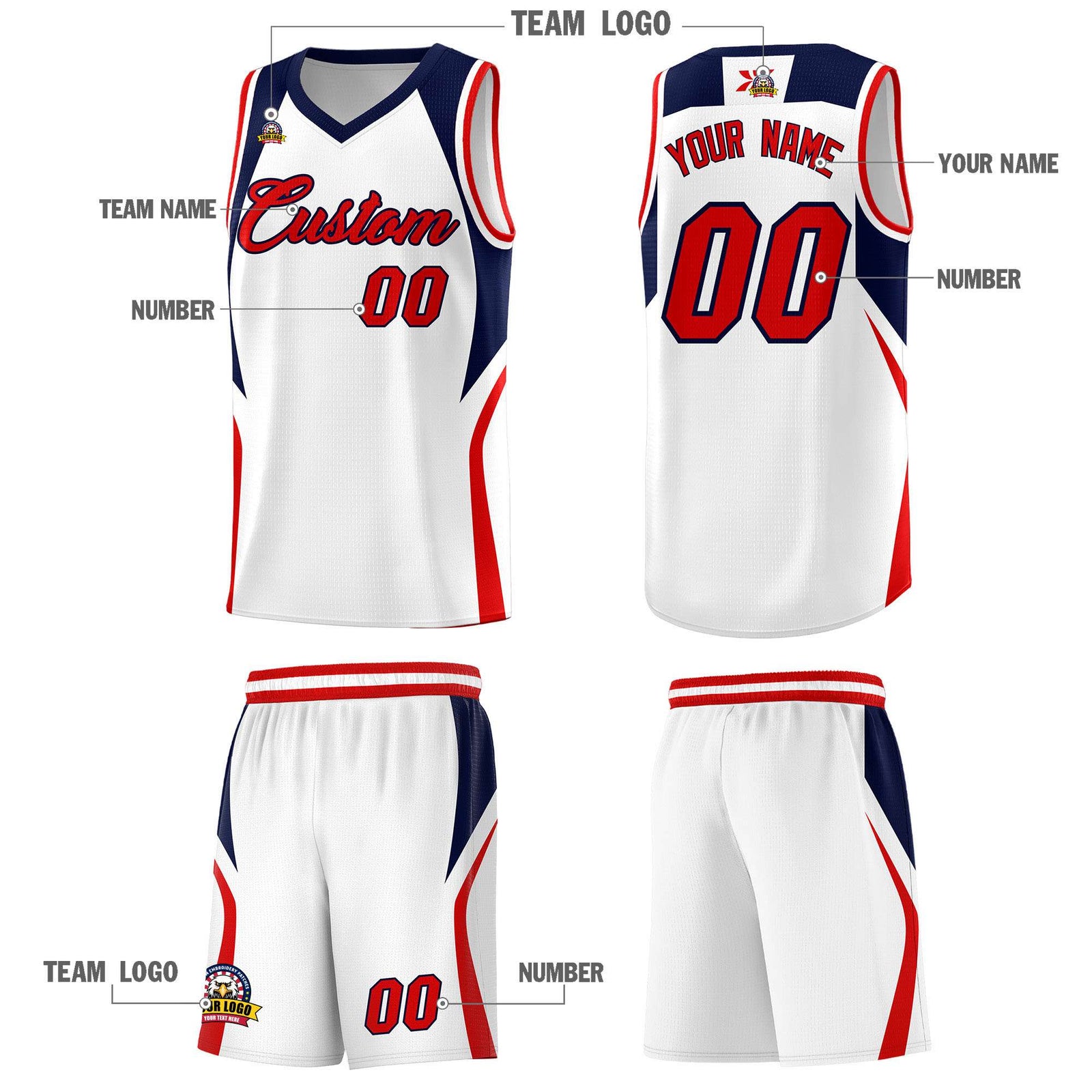 Custom White Navy and Red Color Block Sports Uniform Basketball Jersey