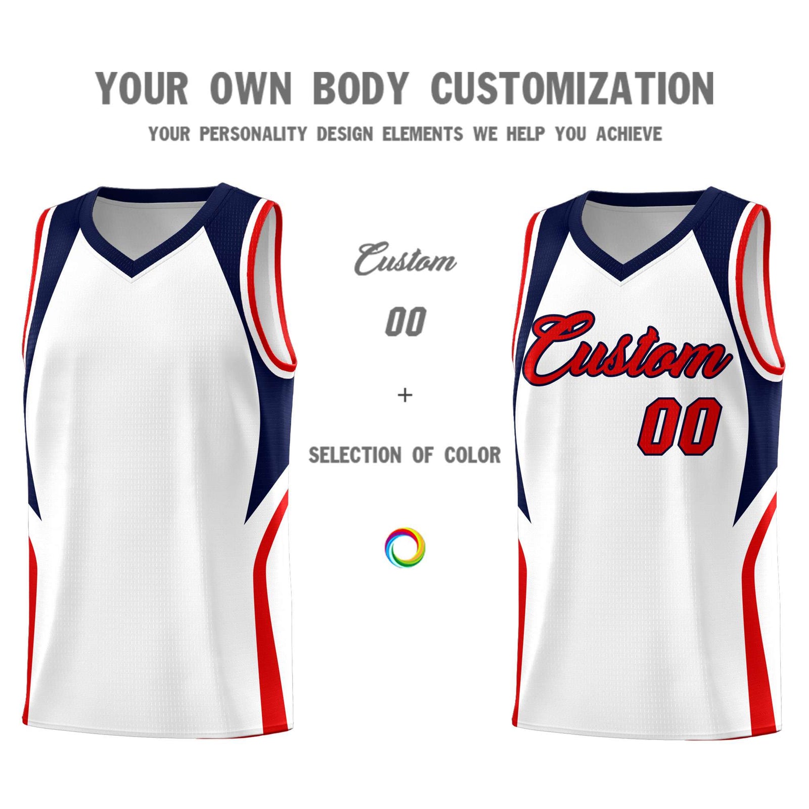 Custom White Navy and Red Color Block Sports Uniform Basketball Jersey