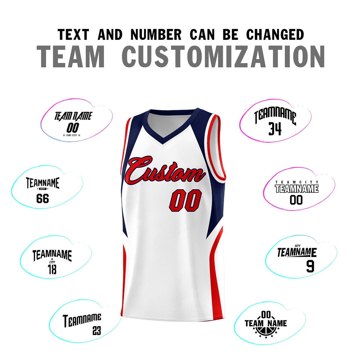 Custom White Navy and Red Color Block Sports Uniform Basketball Jersey