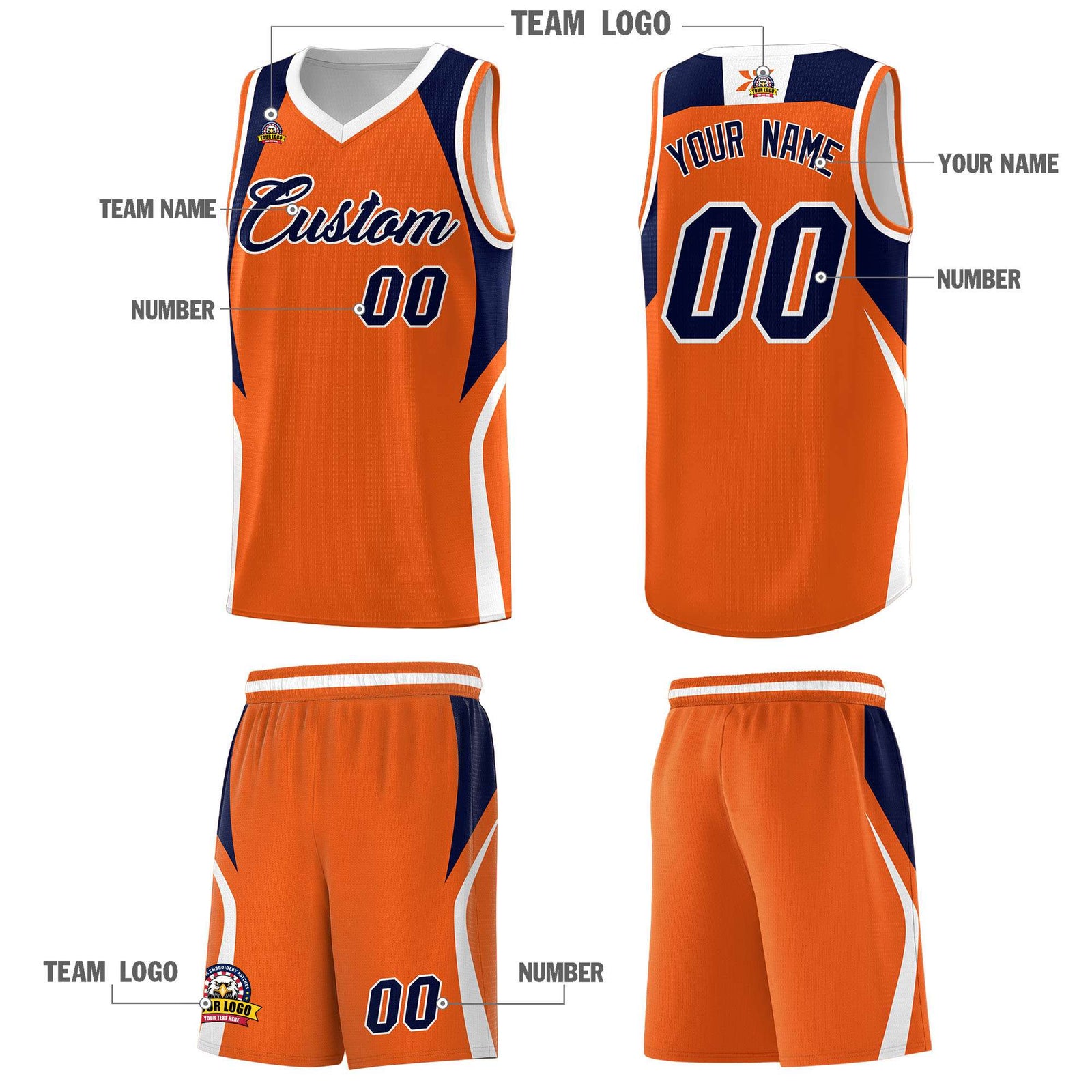 Custom Orange Navy and White Color Block Sports Uniform Basketball Jersey