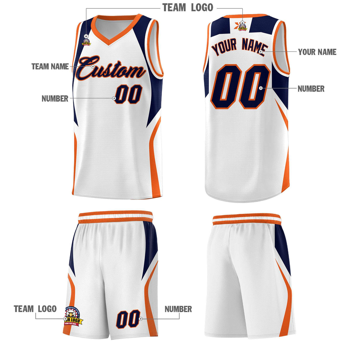 Custom White Navy and Orange Color Block Sports Uniform Basketball Jersey