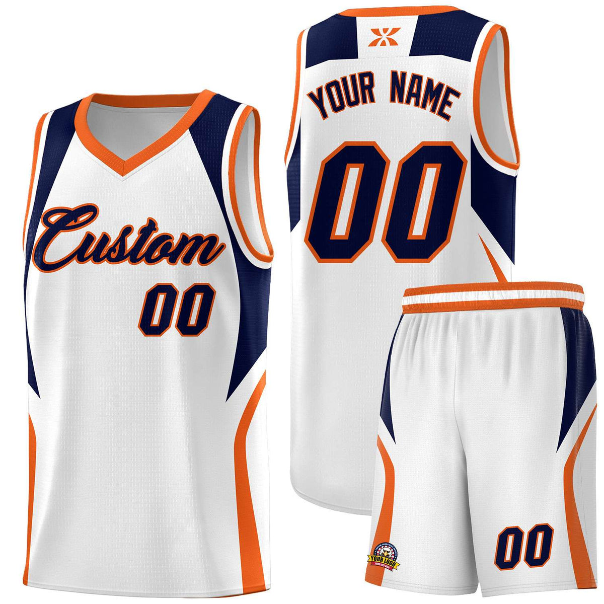Custom White Navy and Orange Color Block Sports Uniform Basketball Jersey