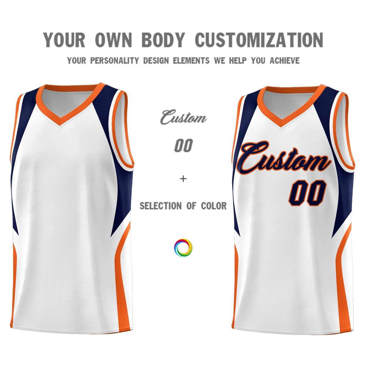 Custom White Navy and Orange Color Block Sports Uniform Basketball Jersey