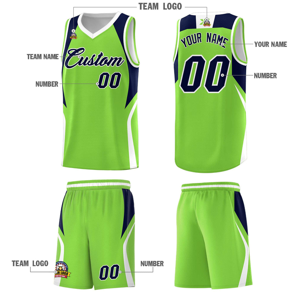 Custom Neon Green Navy and White Color Block Sports Uniform Basketball Jersey