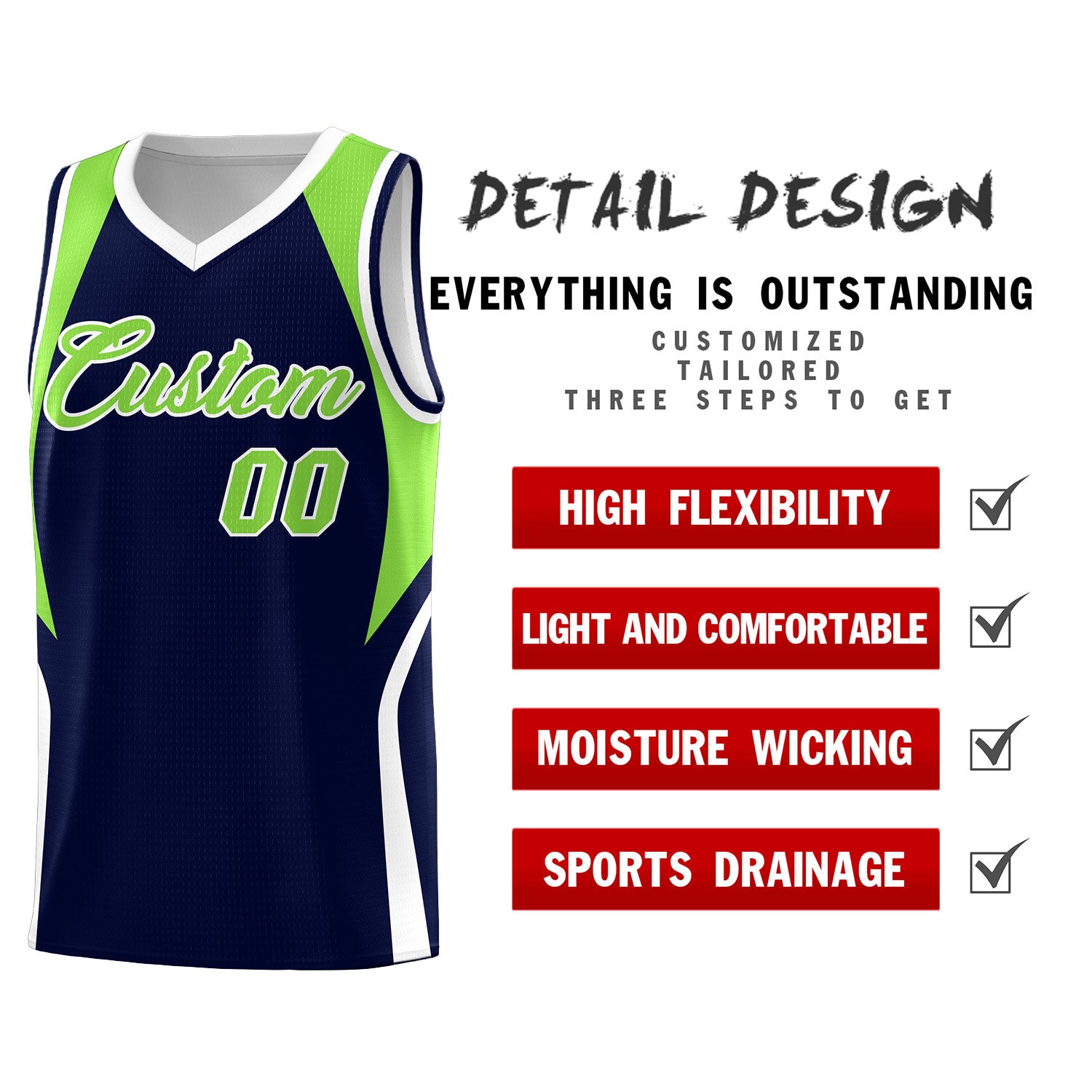 Custom Navy Neon Green and White Color Block Sports Uniform Basketball Jersey