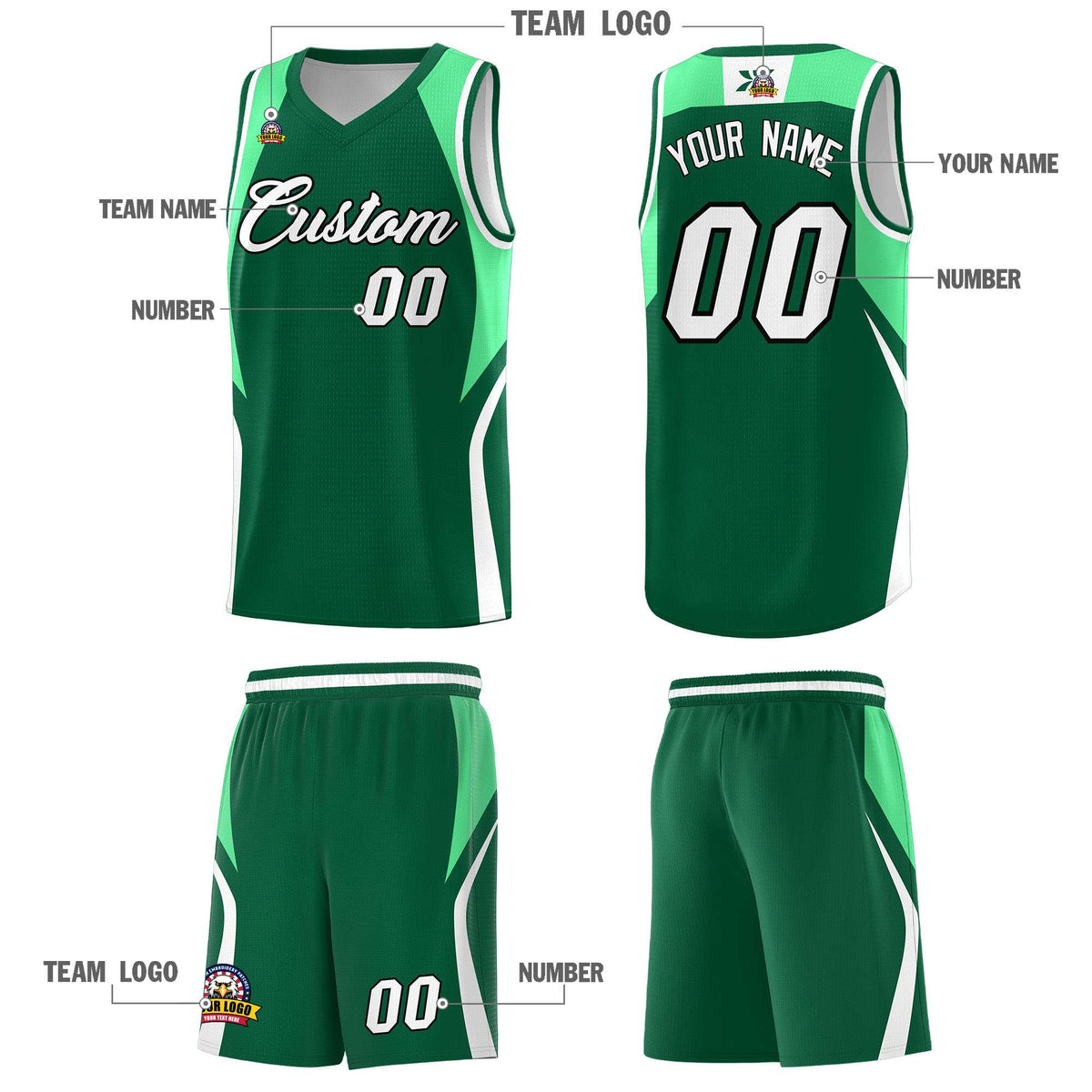 Custom Kelly Green Green and White Color Block Sports Uniform Basketball Jersey