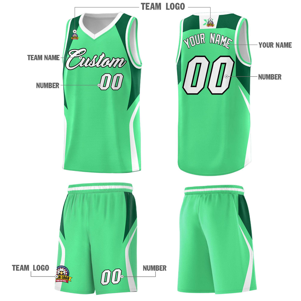 Custom Green Kelly Green and White Color Block Sports Uniform Basketball Jersey