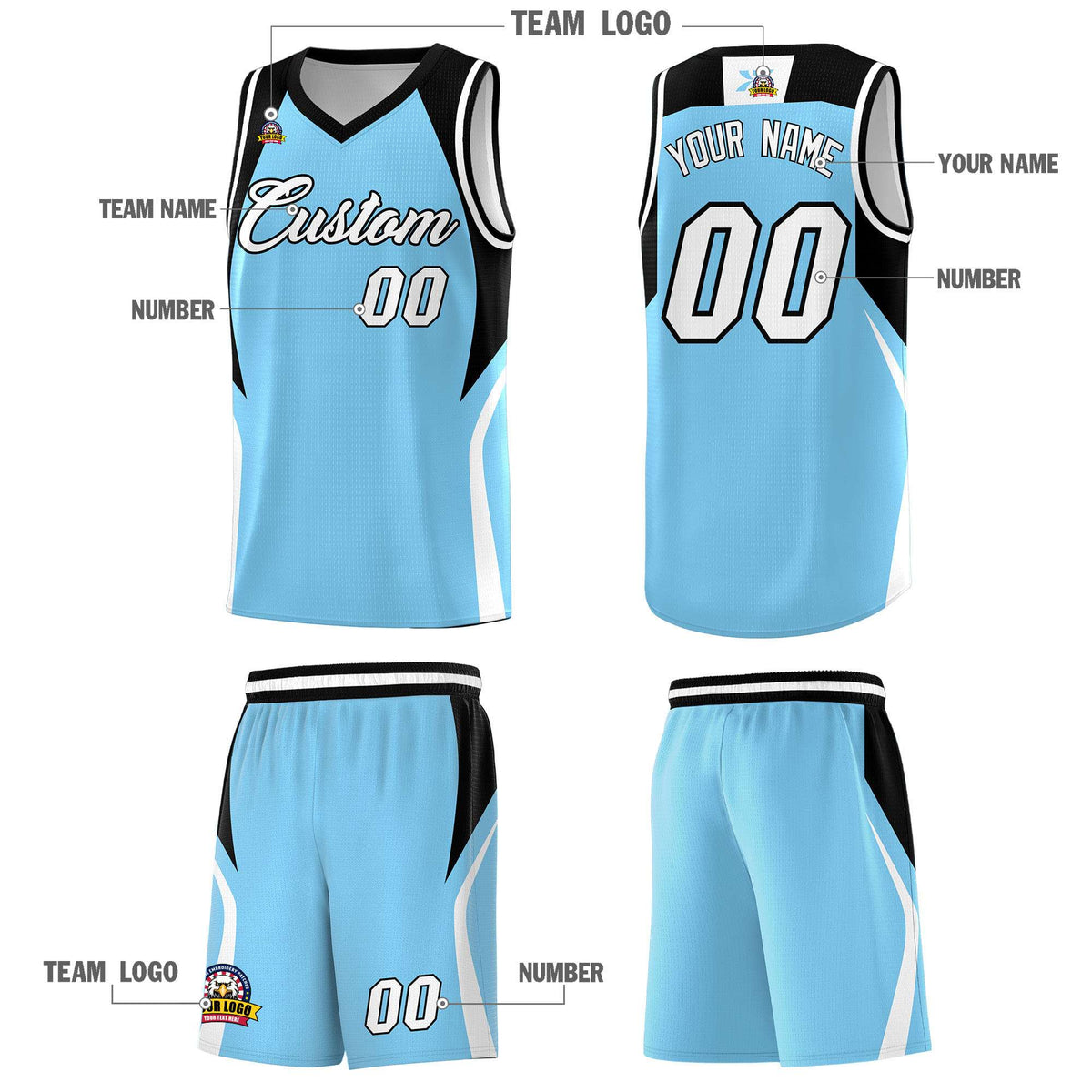 Custom Light Blue Black and White Color Block Sports Uniform Basketball Jersey