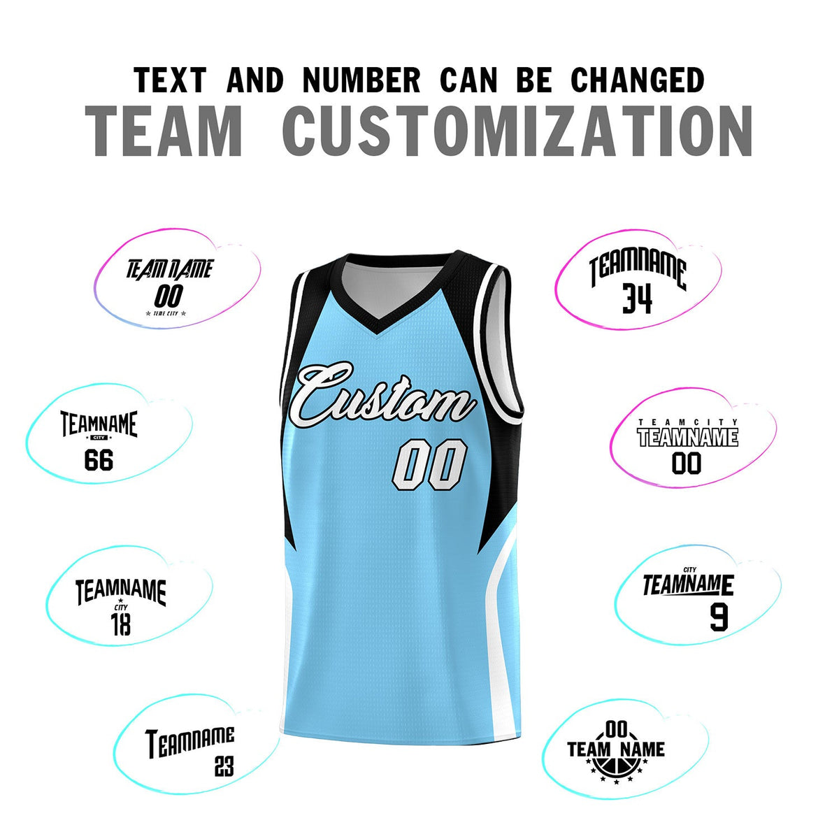 Custom Light Blue Black and White Color Block Sports Uniform Basketball Jersey