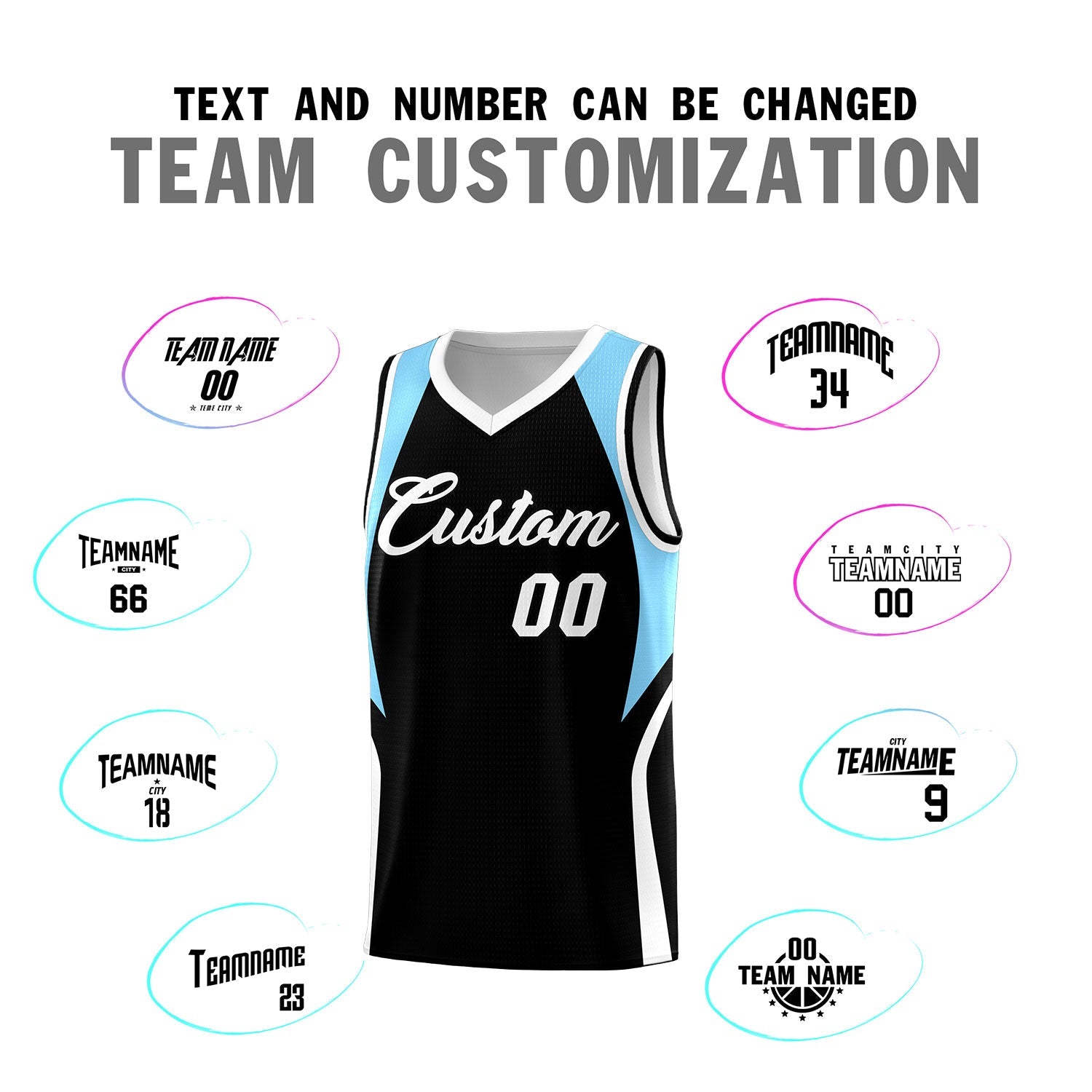 Custom Black Light Blue and White Color Block Sports Uniform Basketball Jersey