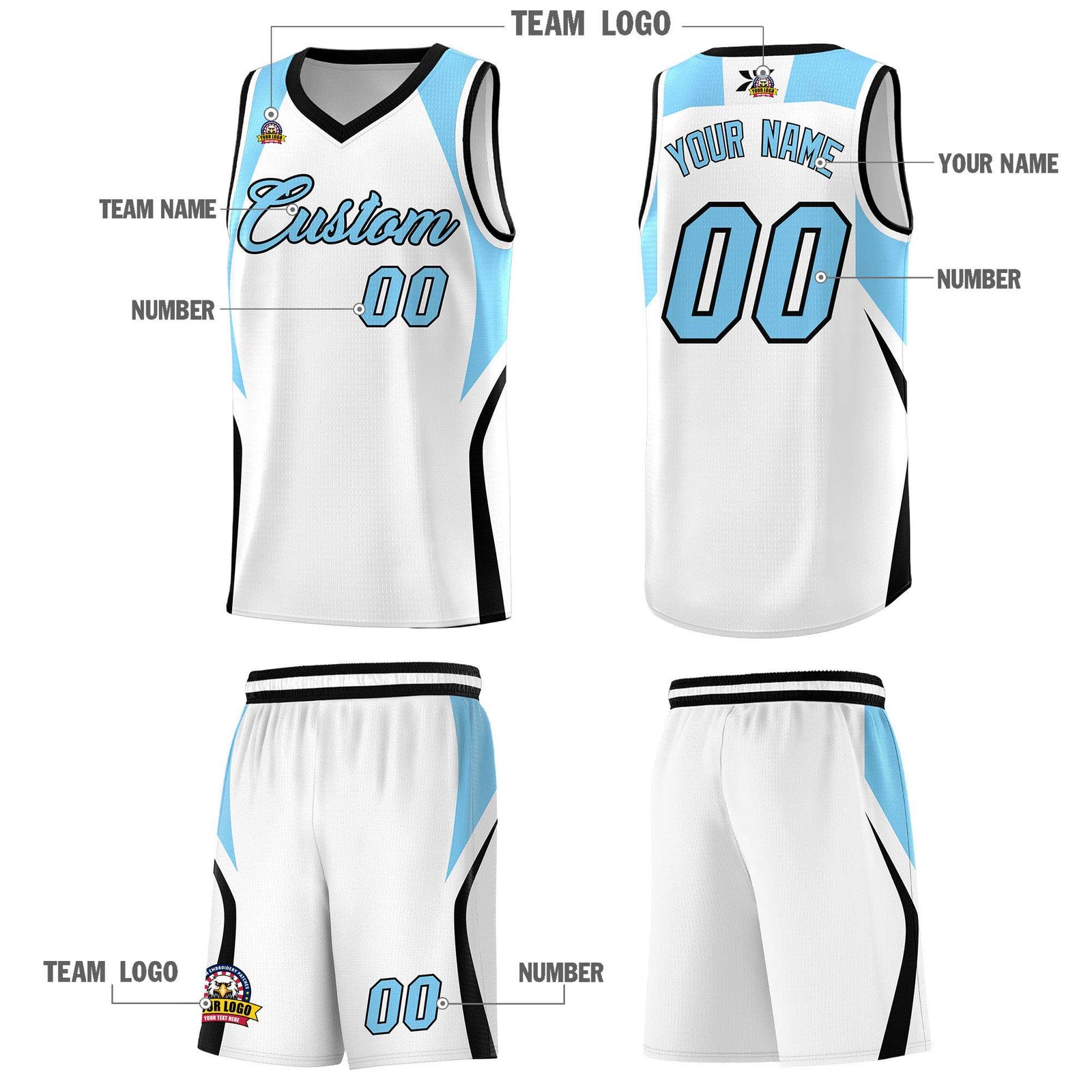 Custom White Light Blue and Black Color Block Sports Uniform Basketball Jersey