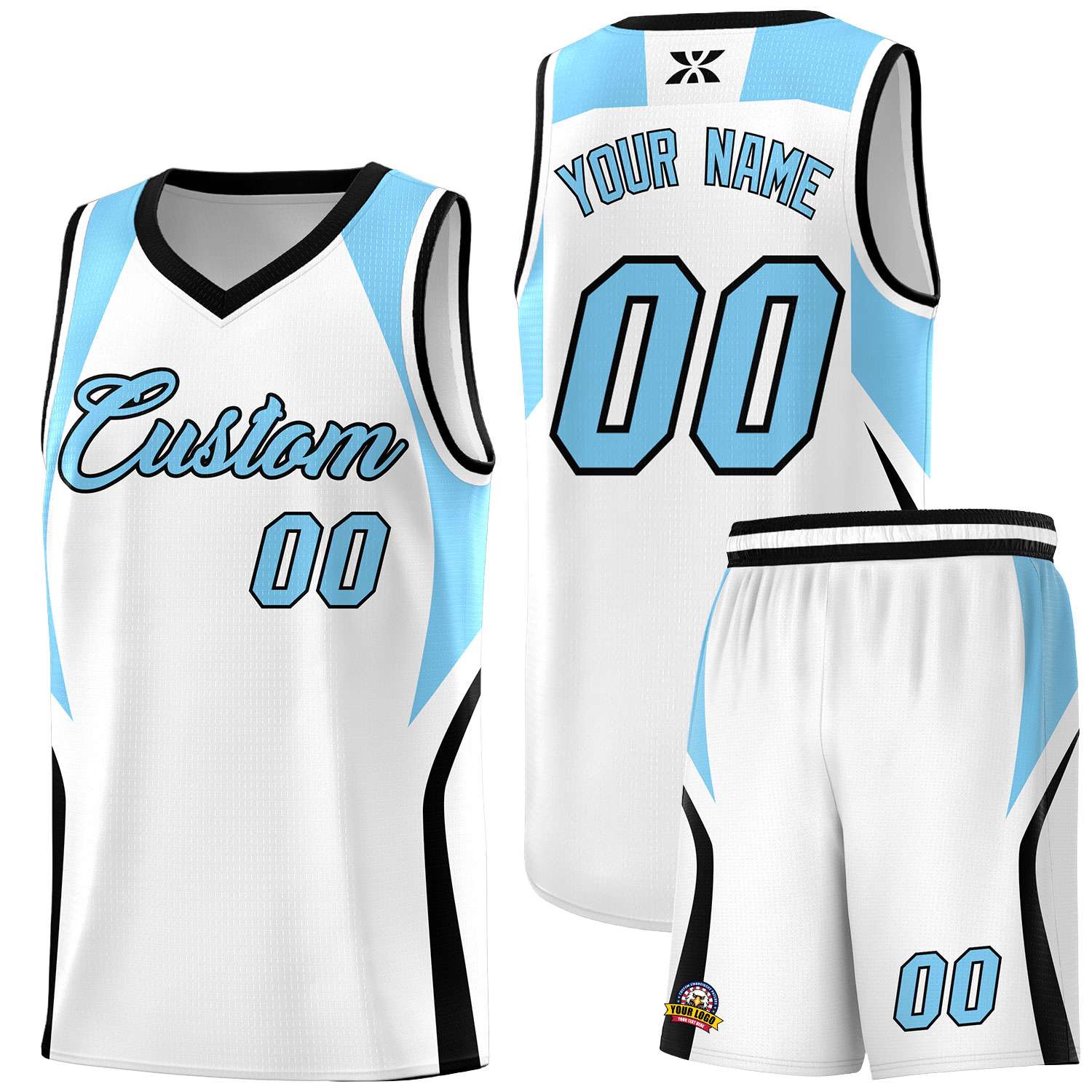 Custom White Light Blue and Black Color Block Sports Uniform Basketball Jersey