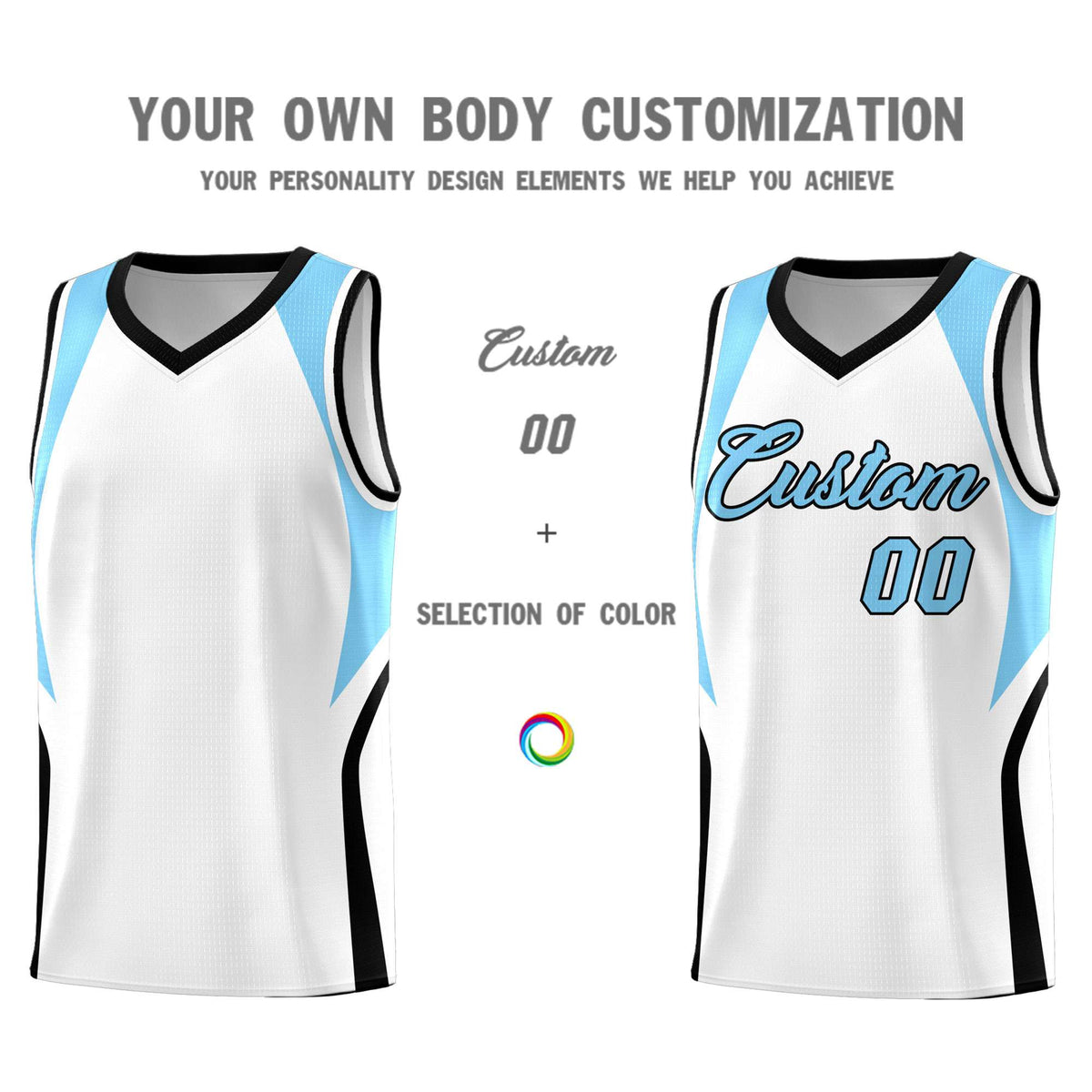 Custom White Light Blue and Black Color Block Sports Uniform Basketball Jersey