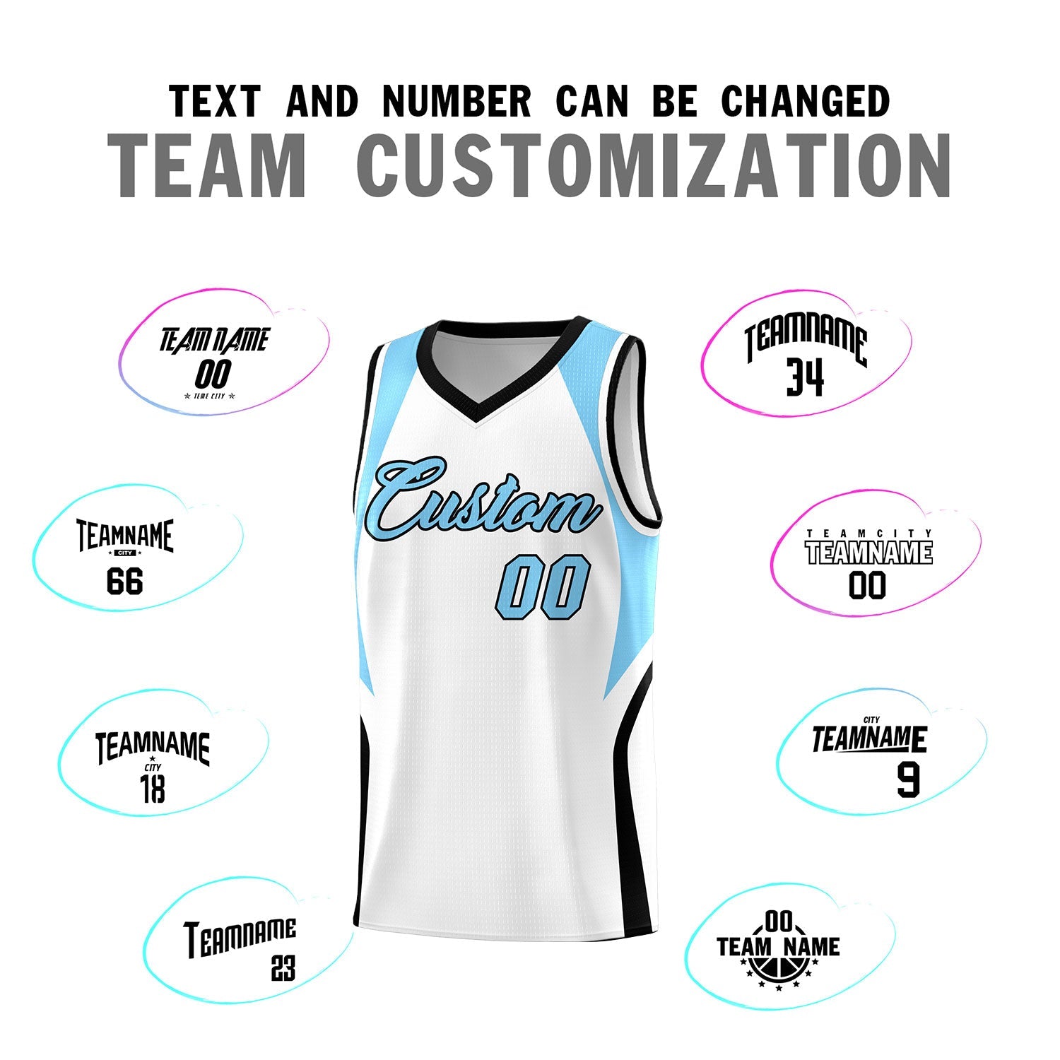 Custom White Light Blue and Black Color Block Sports Uniform Basketball Jersey