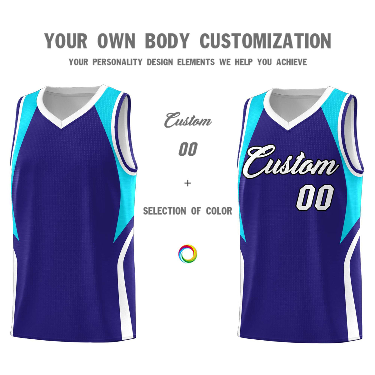 Custom Royal Sky Blue and White Color Block Sports Uniform Basketball Jersey