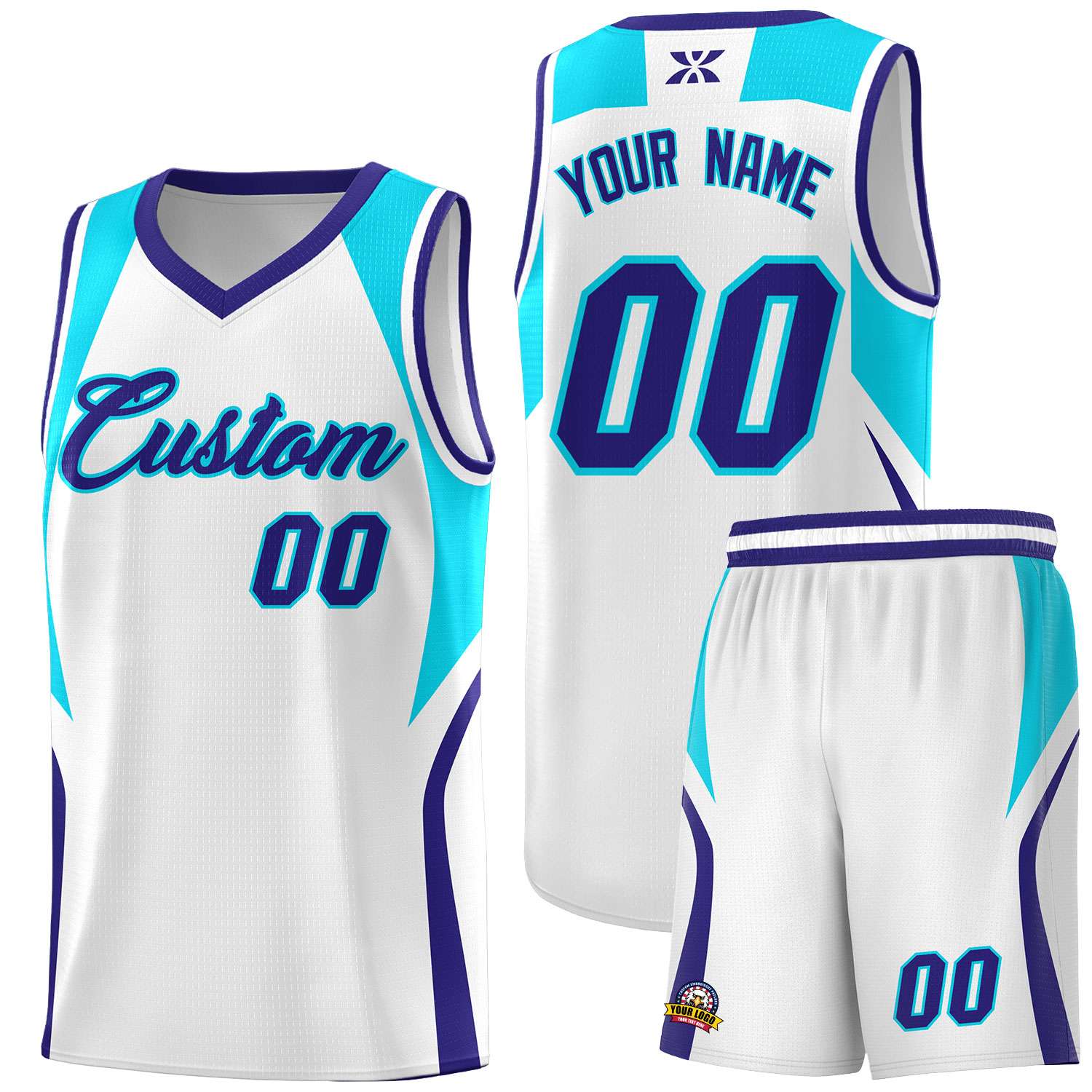 Custom White Sky Blue and Royal Color Block Sports Uniform Basketball Jersey
