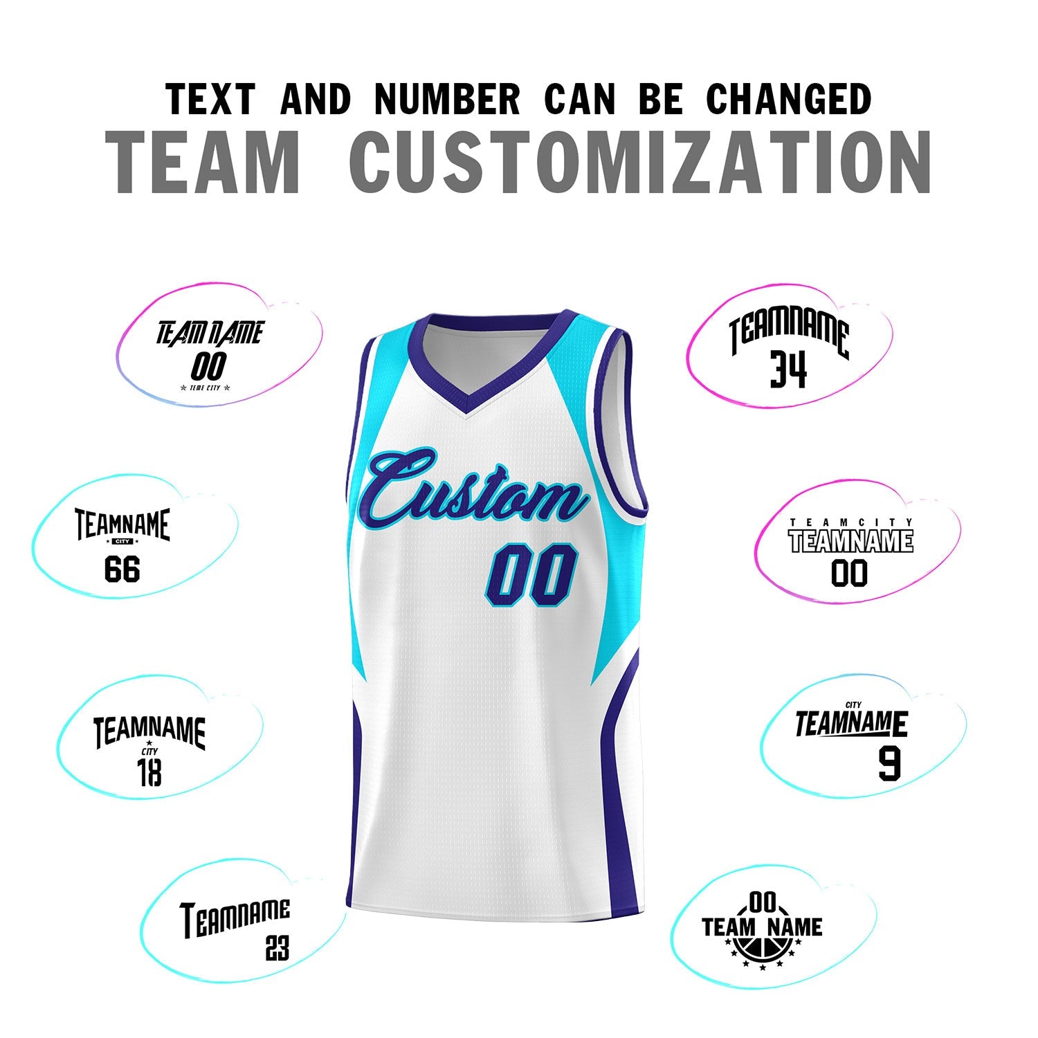 Custom White Sky Blue and Royal Color Block Sports Uniform Basketball Jersey