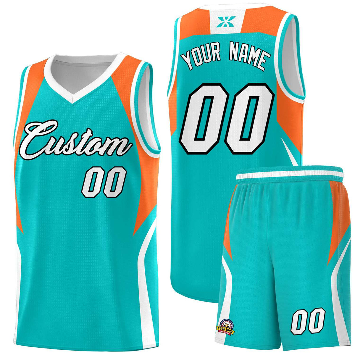 Custom Aqua Orange and White Color Block Sports Uniform Basketball Jersey