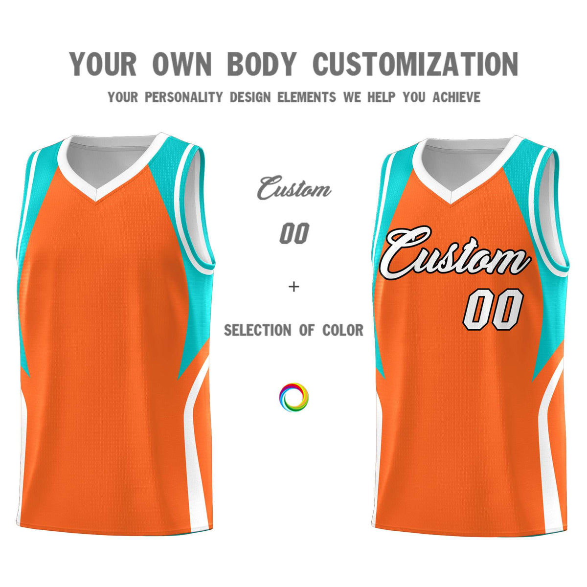 Custom Orange Aqua and White Color Block Sports Uniform Basketball Jersey