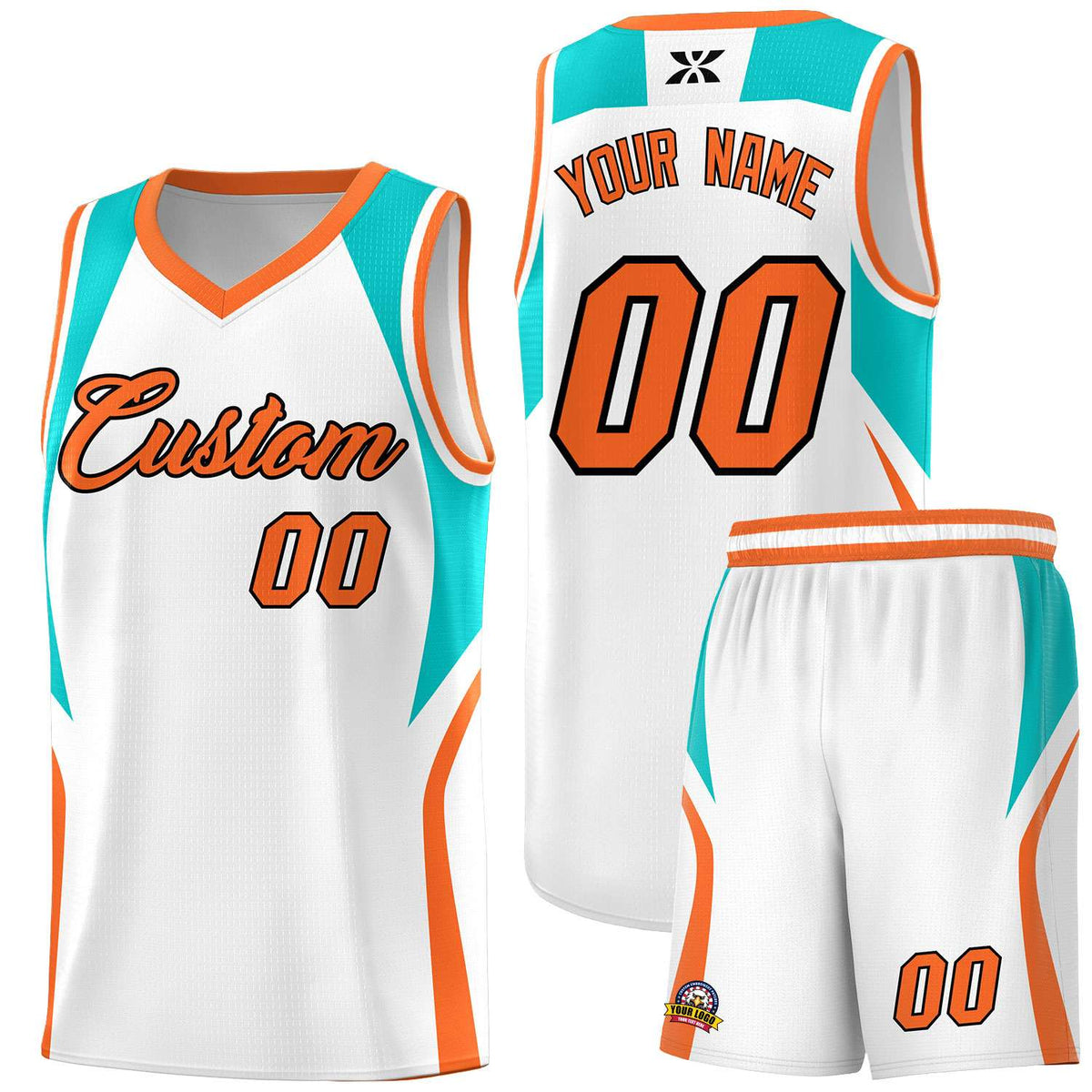 Custom White Aqua and Orange Color Block Sports Uniform Basketball Jersey
