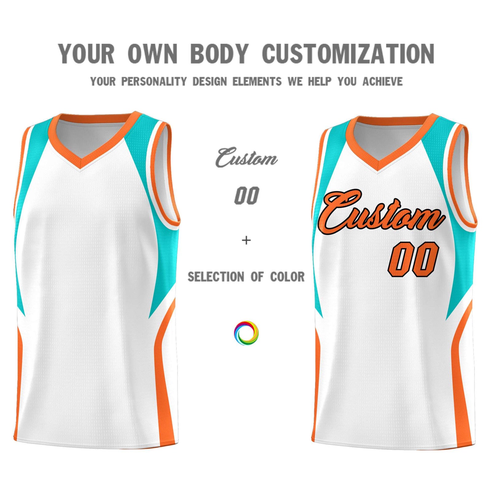 Custom White Aqua and Orange Color Block Sports Uniform Basketball Jersey