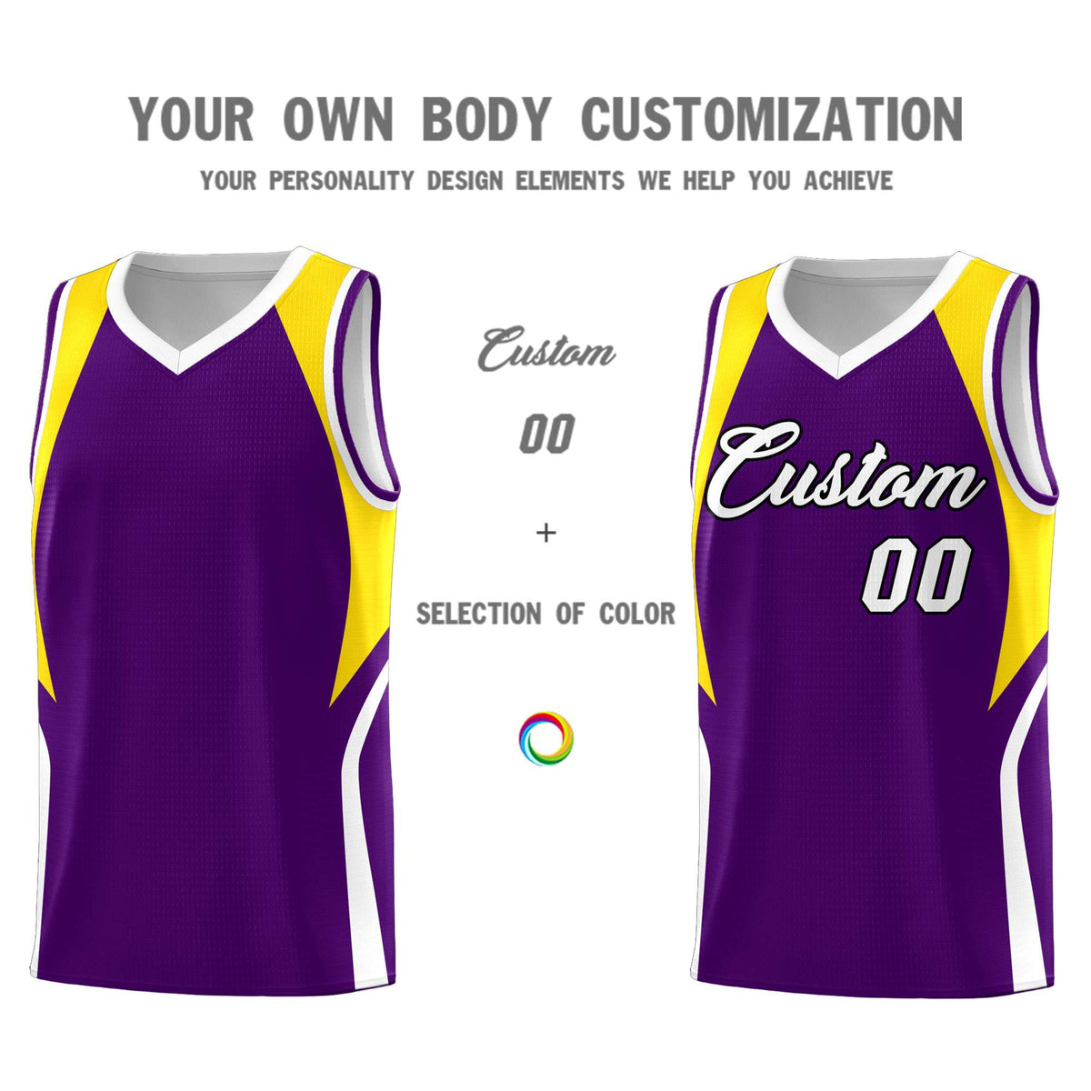 Custom Purple Gold and White Color Block Sports Uniform Basketball Jersey