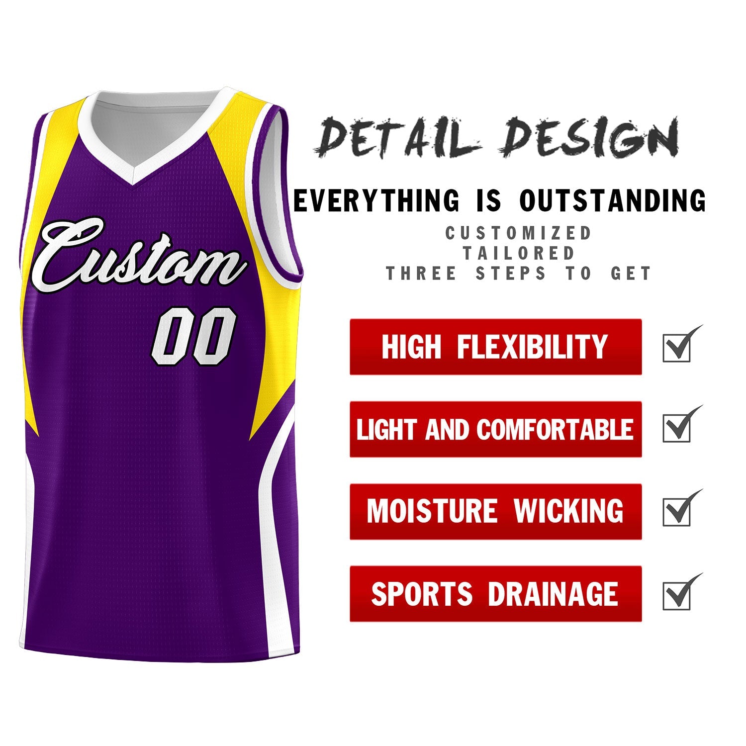 Custom Purple Gold and White Color Block Sports Uniform Basketball Jersey