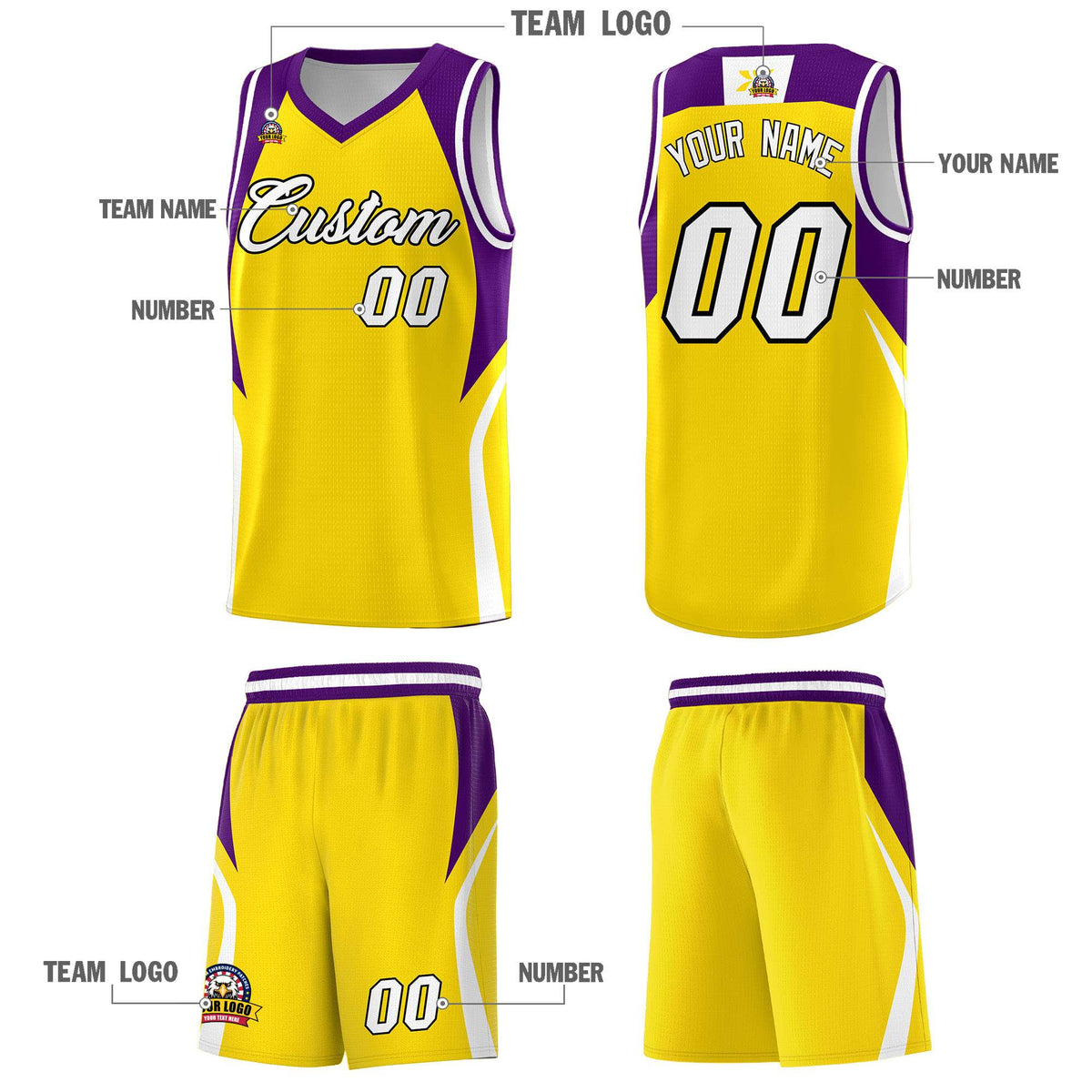 Custom Gold Purple and White Color Block Sports Uniform Basketball Jersey