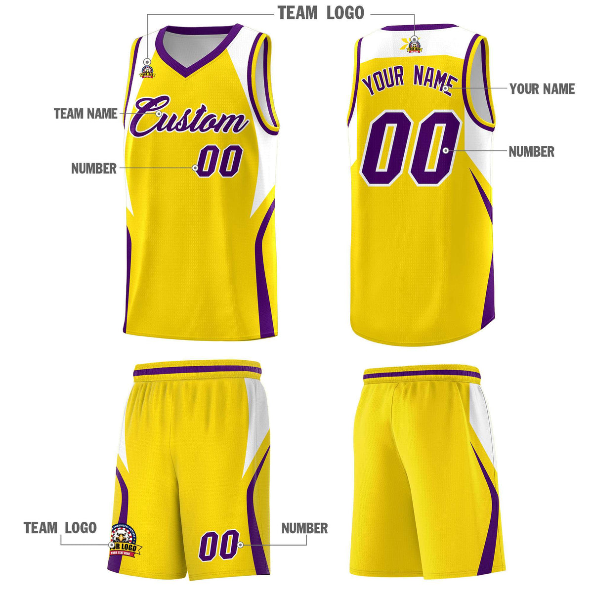 Custom Gold White and Purple Color Block Sports Uniform Basketball Jersey
