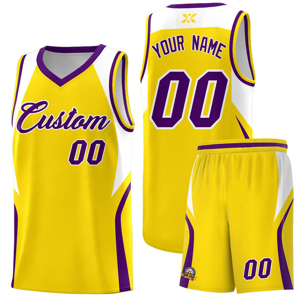 Custom Gold White and Purple Color Block Sports Uniform Basketball Jersey
