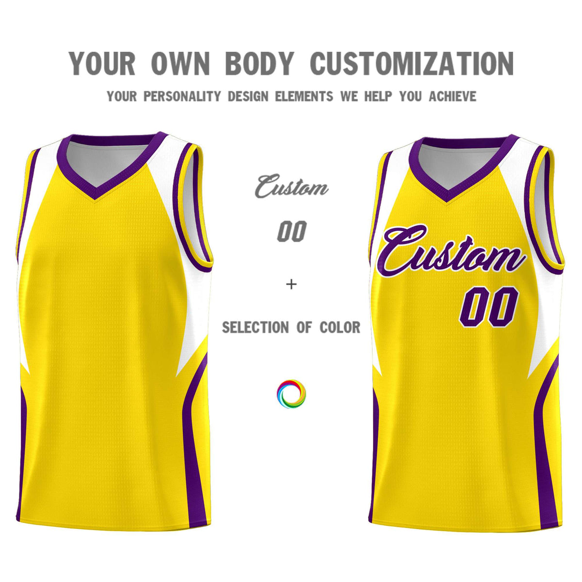Custom Gold White and Purple Color Block Sports Uniform Basketball Jersey