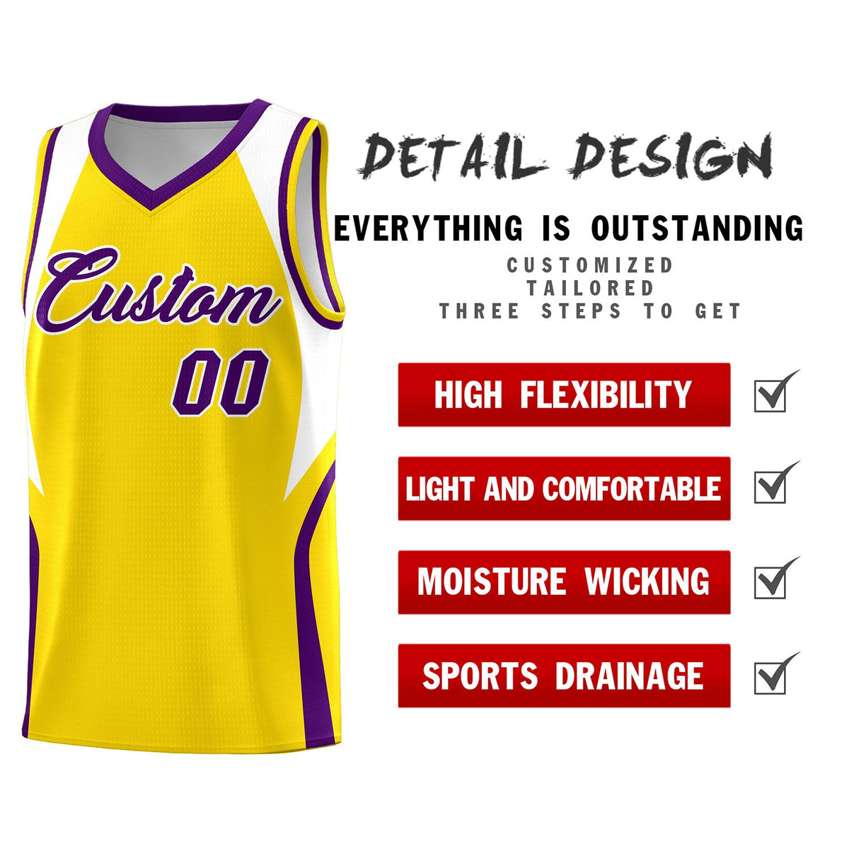 Custom Gold White and Purple Color Block Sports Uniform Basketball Jersey