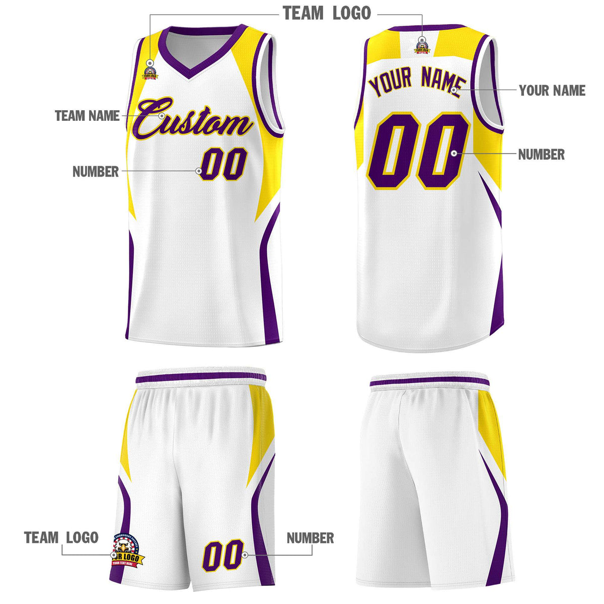 Custom White Gold and Purple Color Block Sports Uniform Basketball Jersey