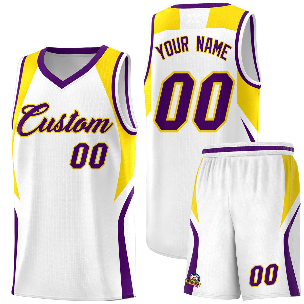 Custom White Gold and Purple Color Block Sports Uniform Basketball Jersey