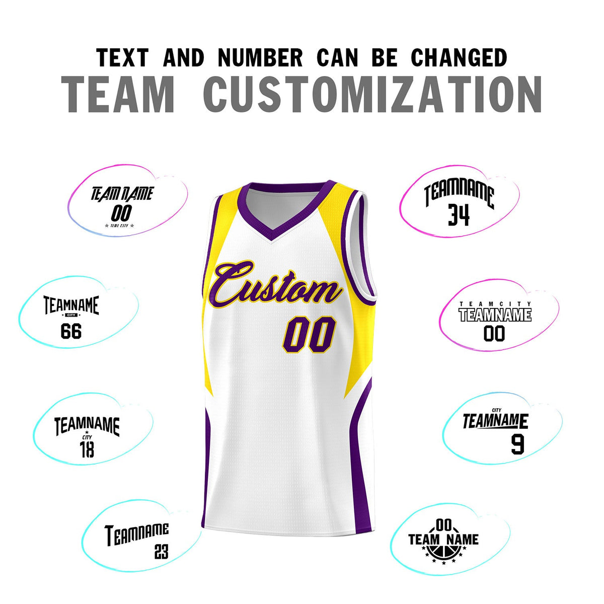 Custom White Gold and Purple Color Block Sports Uniform Basketball Jersey