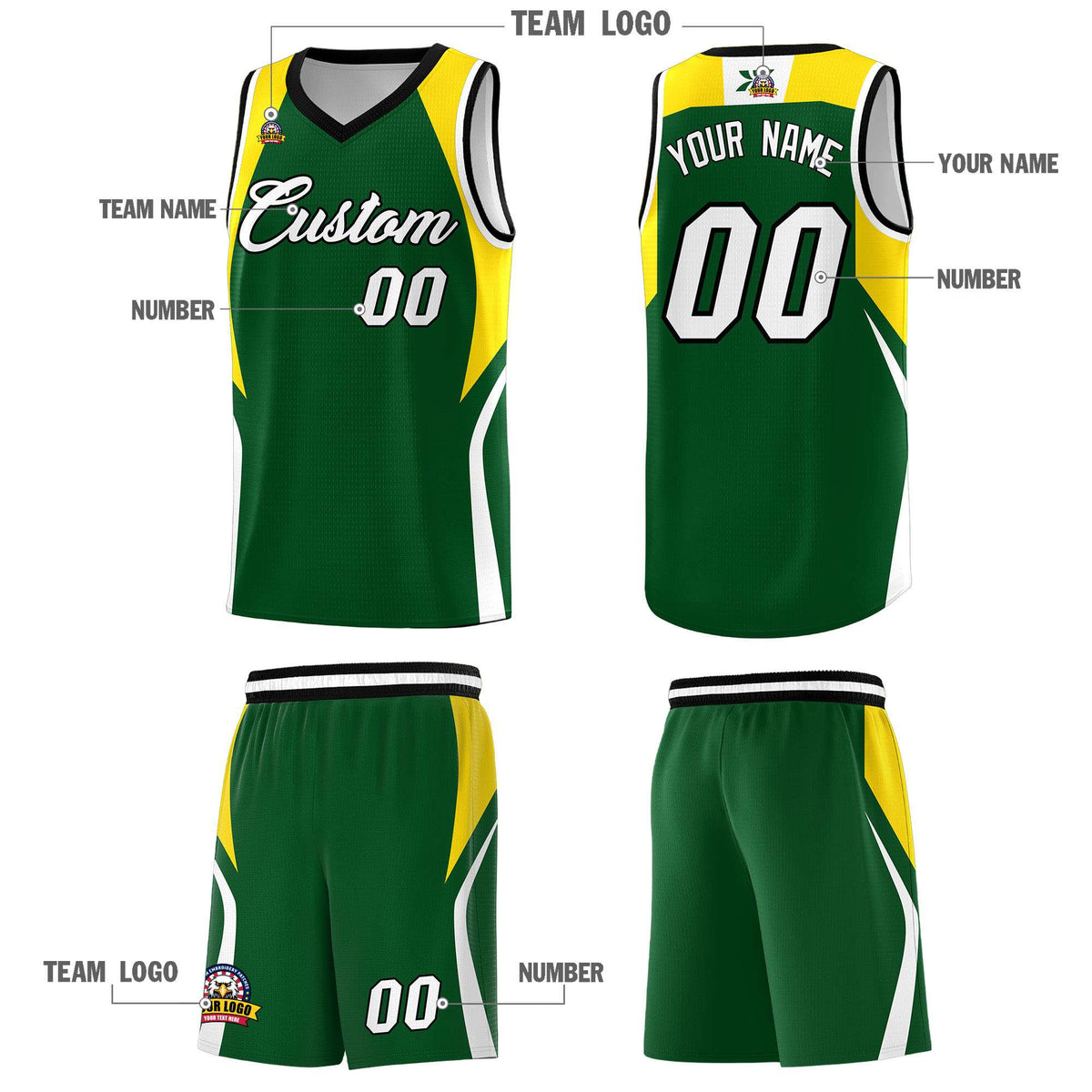 Custom Hunter Green Gold and White Color Block Sports Uniform Basketball Jersey