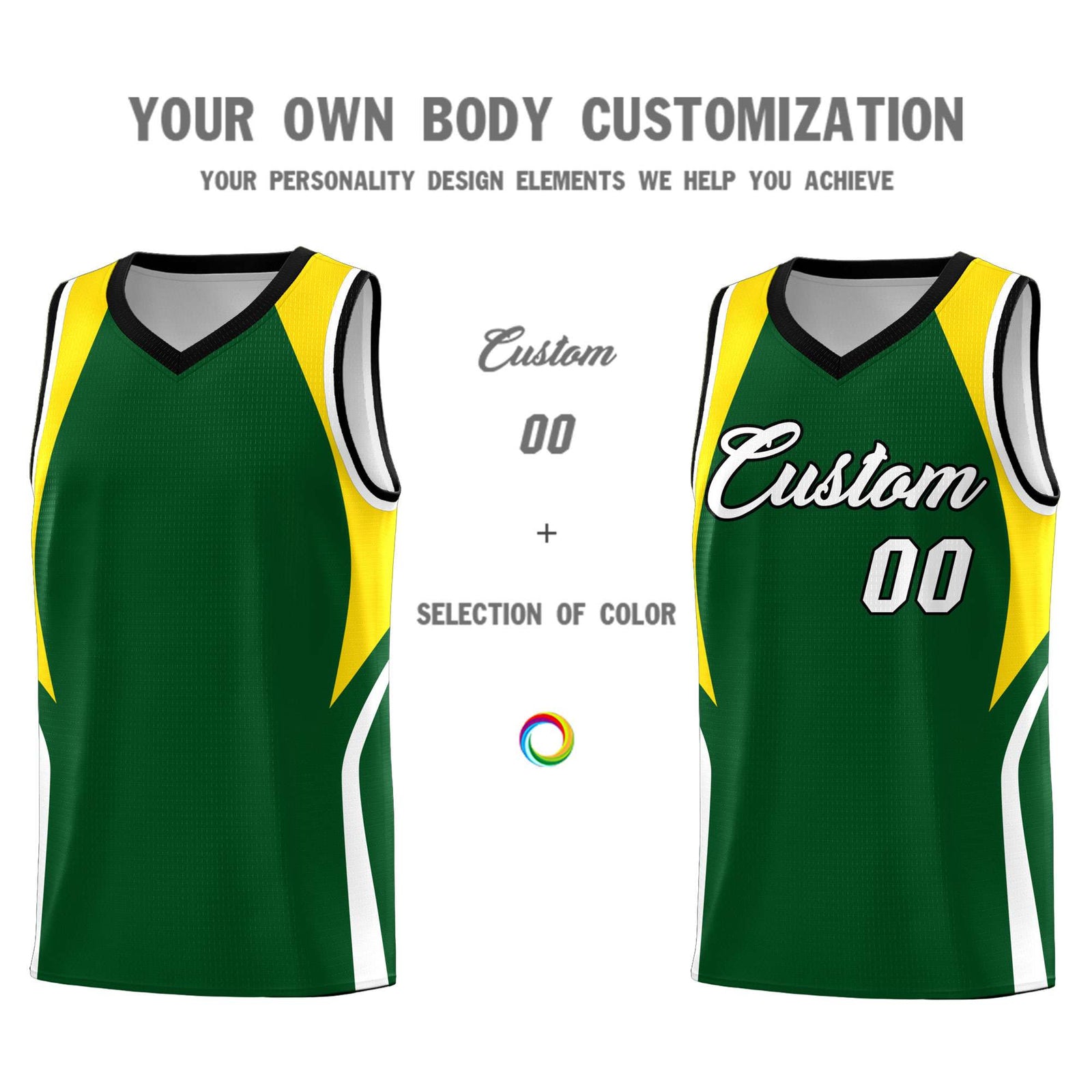 Custom Hunter Green Gold and White Color Block Sports Uniform Basketball Jersey