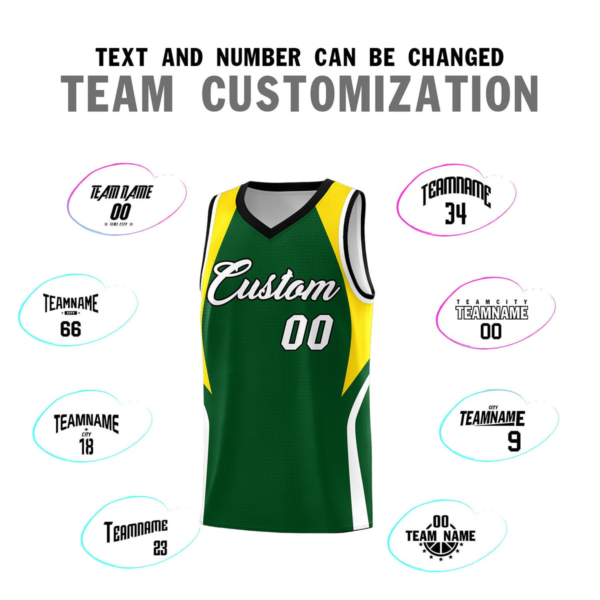 Custom Hunter Green Gold and White Color Block Sports Uniform Basketball Jersey