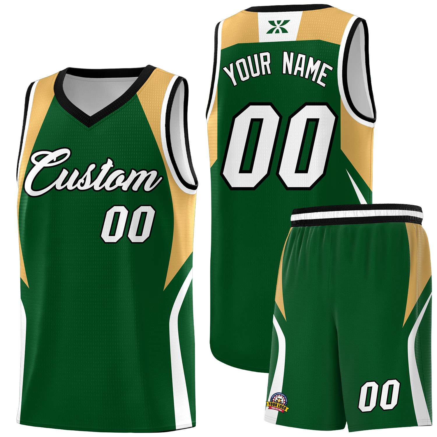 Custom Green Buckskin Brown and White Color Block Sports Uniform Basketball Jersey