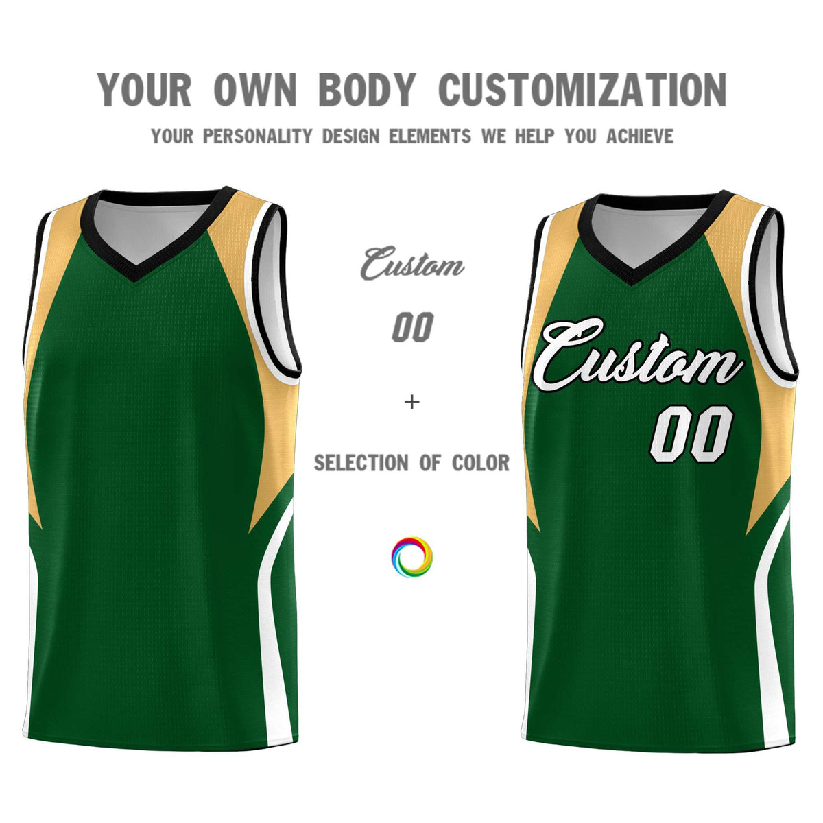 Custom Green Buckskin Brown and White Color Block Sports Uniform Basketball Jersey