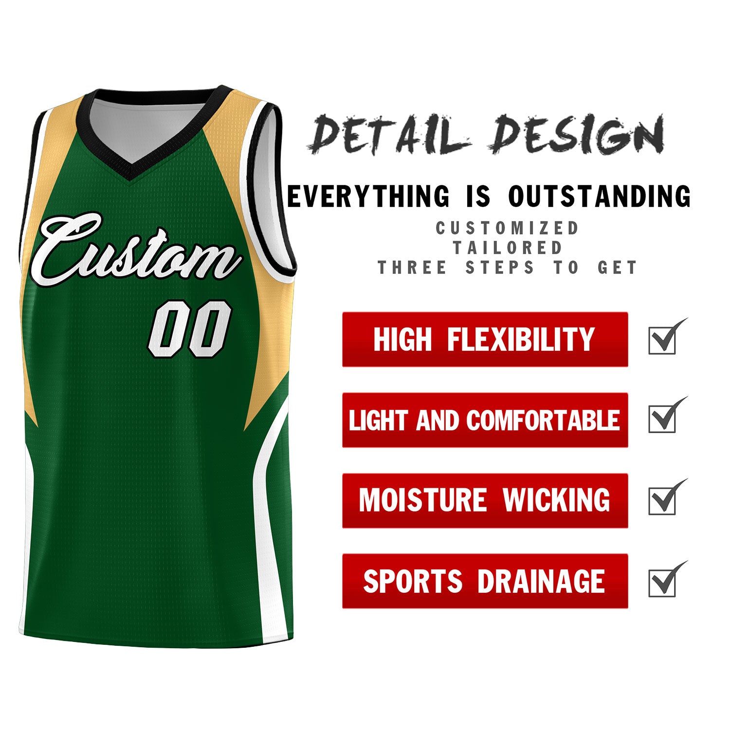 Custom Green Buckskin Brown and White Color Block Sports Uniform Basketball Jersey