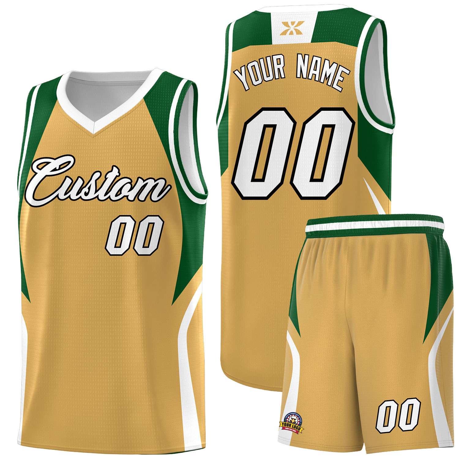 Custom Buckskin Brown Green and White Color Block Sports Uniform Basketball Jersey