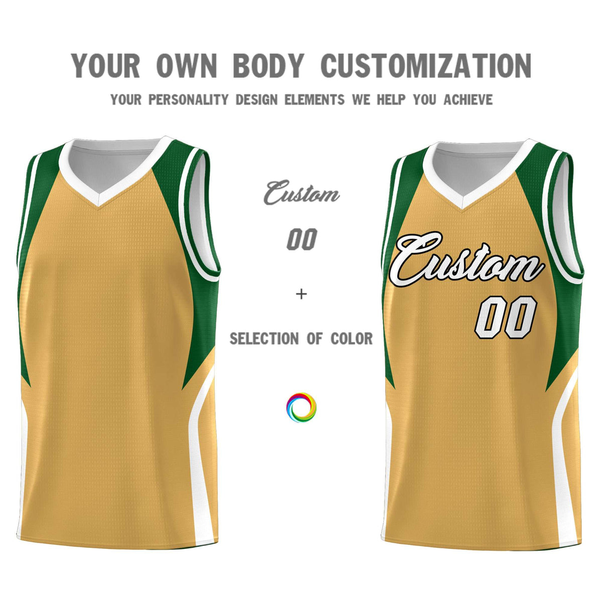 Custom Buckskin Brown Green and White Color Block Sports Uniform Basketball Jersey