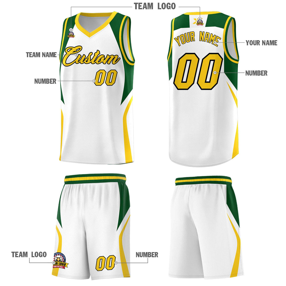 Custom White Hunter Green and Gold Color Block Sports Uniform Basketball Jersey